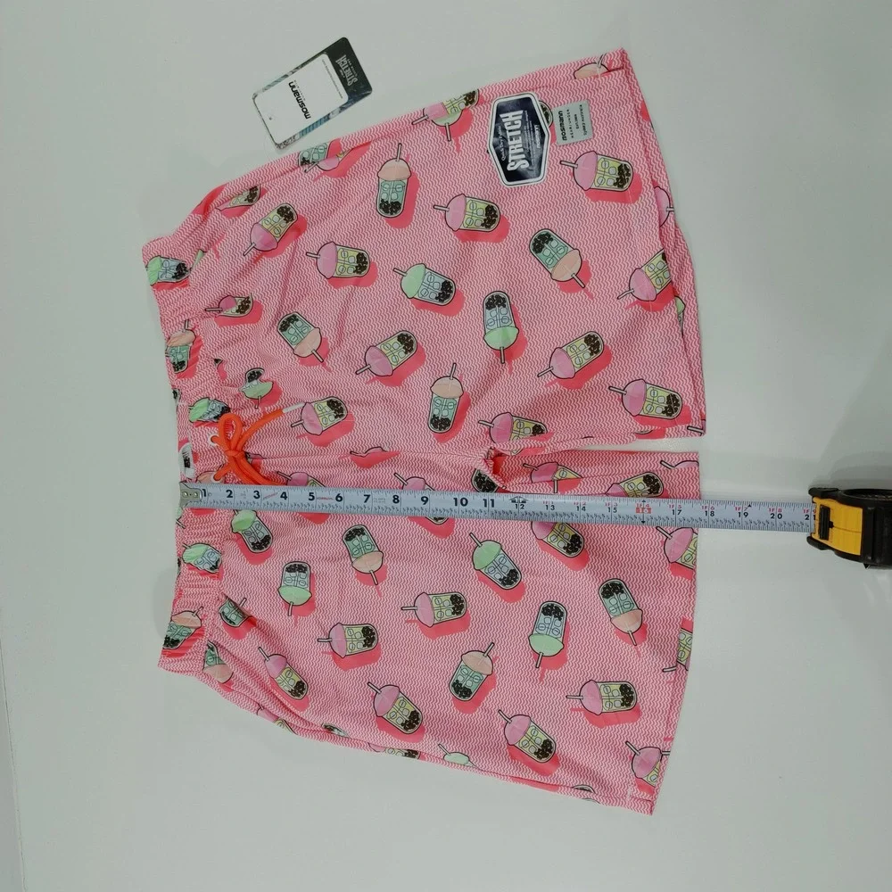 Mosmann Australia Mens XL Pink Boba Tea Print Swim Trunks Stretch Board‎ Shorts